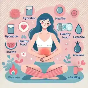 DALL·E 2024 09 08 14.32.56 An image illustrating tips for reducing menstrual pain. The design should include calming and soothing visuals such as a woman in a relaxed pose or h