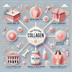 colageno A visually engaging infographic-style image showcasing the benefits of collagen as a dietary supplement with the addition of 'Nutrición Imperial' bran